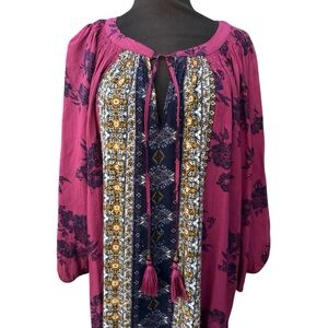 Y2K Mason & Belle Boho Tassel Tunic Top Pink Floral Folk Peasant Rayon Women 2X